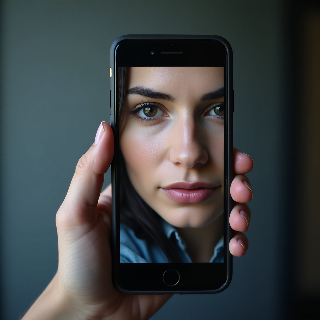 This image features a close-up view of a woman’s face displayed on a smartphone screen, which is being held in a hand. The background has a subtle gradient that focuses attention on the face. The lighting is soft, giving it a natural feel, enhancing the woman's features. The smartphone symbolizes digital interaction and identity. The overall composition evokes a sense of modernity and connection through technology. It can represent concepts like self-identity in the digital age, urging viewers to reflect on their online personas.