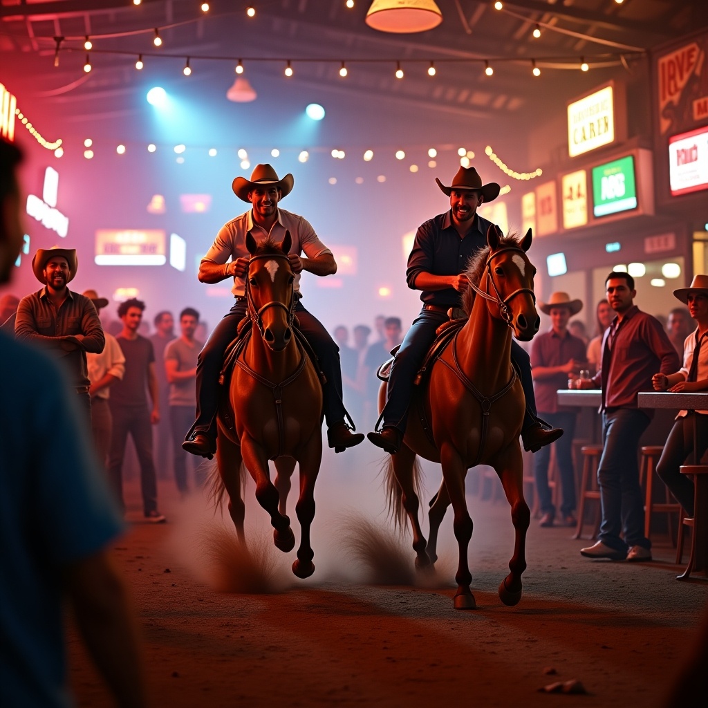 High-quality 4K image of Cristiano Ronaldo and Lionel Messi at a rodeo in a vibrant American bar. Depict athleticism and charisma. Include Neymar, Haaland, and Arda Güler cheering. Show lively bar with energetic patrons and neon lights.