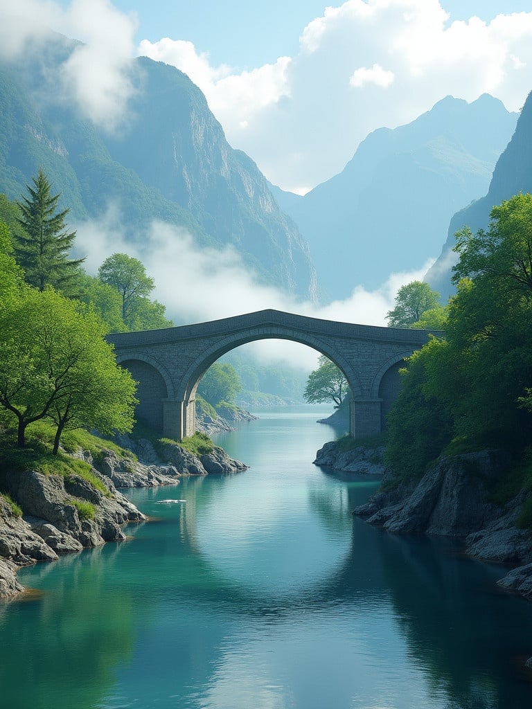 Image showcases picturesque landscape with serene river and lush green trees. Stone bridge arches gracefully over the water. Majestic mountains in background shrouded by clouds. Water reflects bridge and scenery. Scene evokes peace and natural beauty, ideal for nature lovers.