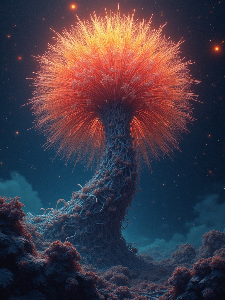 A stunningly beautiful piece of generative art depicting a surreal tree-like structure. The structure features luminous, bright tendrils resembling branches. The background is a cosmic scene with deep blues and hints of stars. The art captures an ethereal and fantastical atmosphere.