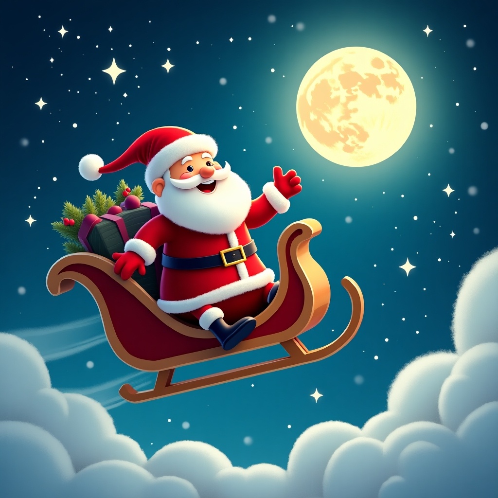 Magical Santa image features Santa Claus flying on a sleigh. Bright moon and stars shine above. Cheerful and festive atmosphere.