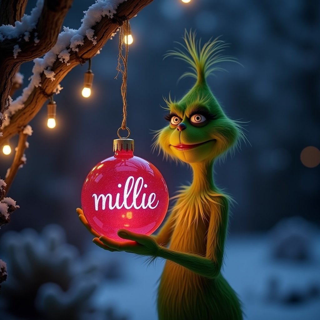 Scene shows Grinch in a night garden. Grinch holds a glowing pink Christmas bauble with millie in elegant script. Twinkling lights create a festive atmosphere.