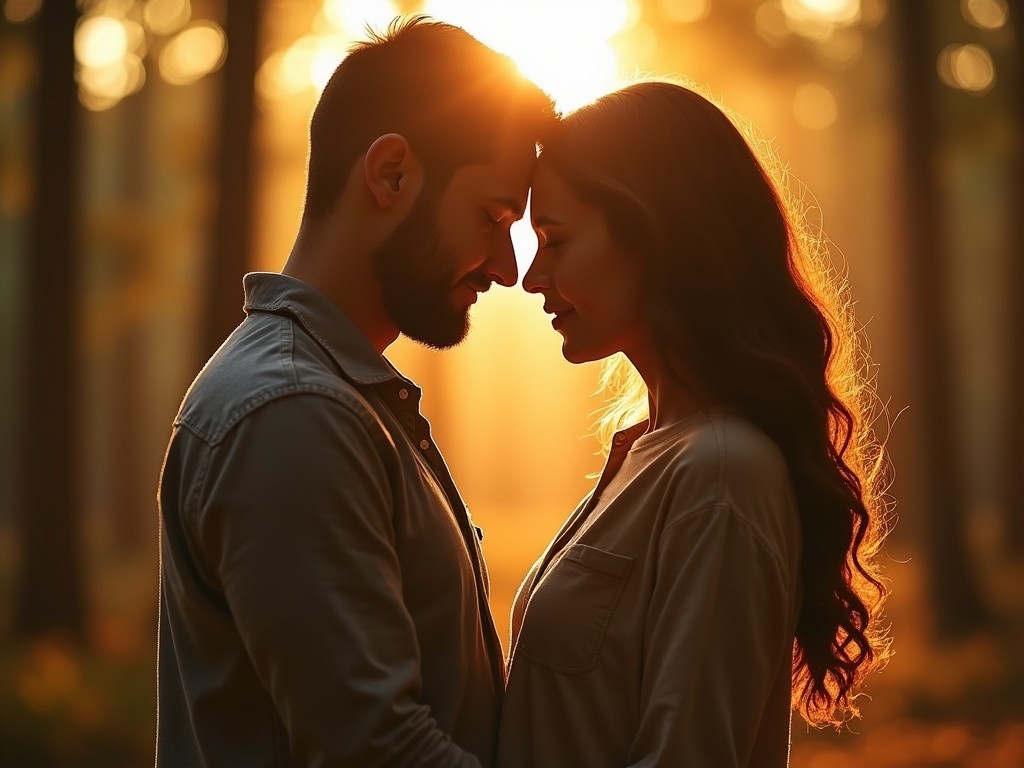 A couple lovingly embraces in a sun-drenched forest setting. The warm, golden light casts a romantic glow over their faces as they stand forehead to forehead, eyes closed in a moment of tender connection. The blurred background suggests a serene, wooded environment, enhancing the intimate ambiance. This image captures the essence of love and affection, set against a backdrop of nature's tranquility. It exemplifies a perfect moment shared between partners.