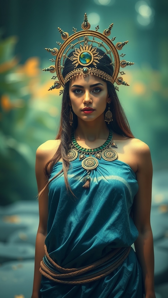 A majestic woman wearing an elaborate headdress stands amidst a lush, mystical forest.