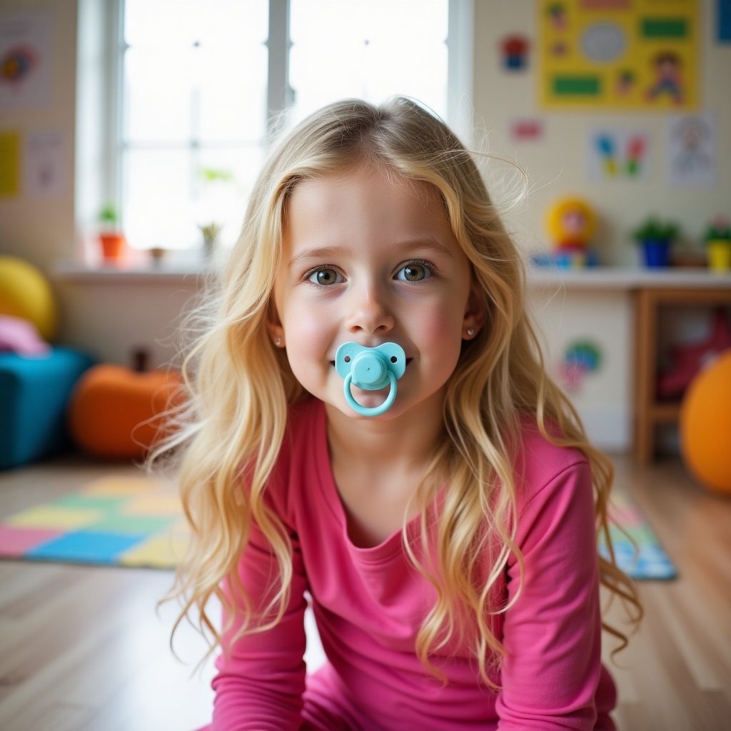 An 8-year-old girl with long blonde hair is in a daycare. She wears a pink shirt and diapers. A pacifier is in her mouth. She looks directly at the camera.