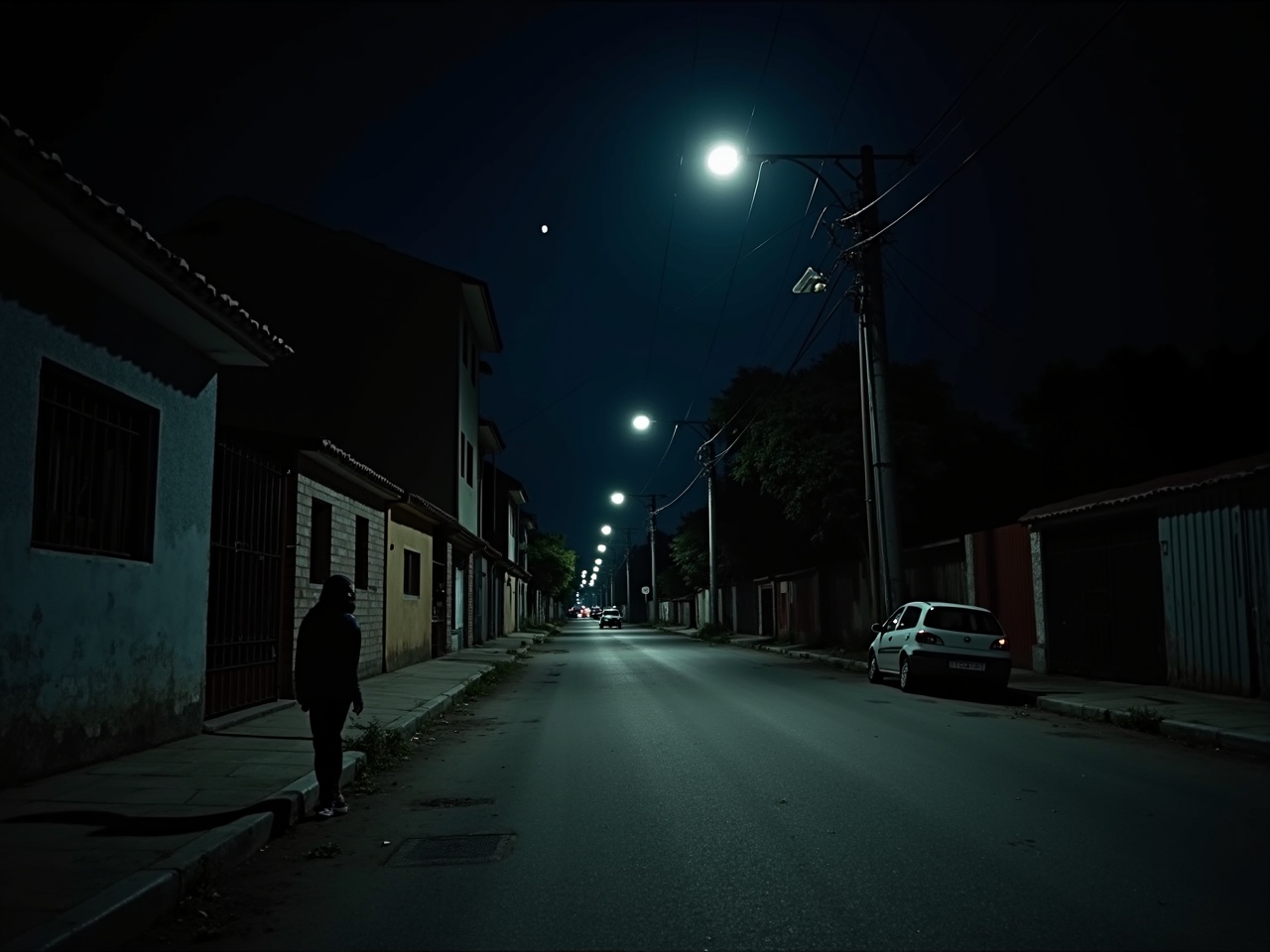 This image captures a deserted urban street at night, illuminated by glowing streetlights. A lone pedestrian stands on the sidewalk, creating a sense of solitude in the scene. A parked car can be seen on the side of the road, contributing to the urban atmosphere. The bright moon hangs in the sky, adding an eerie glow to the nighttime setting. Shadows hint at the quietness of the neighborhood, evoking a mysterious ambiance.