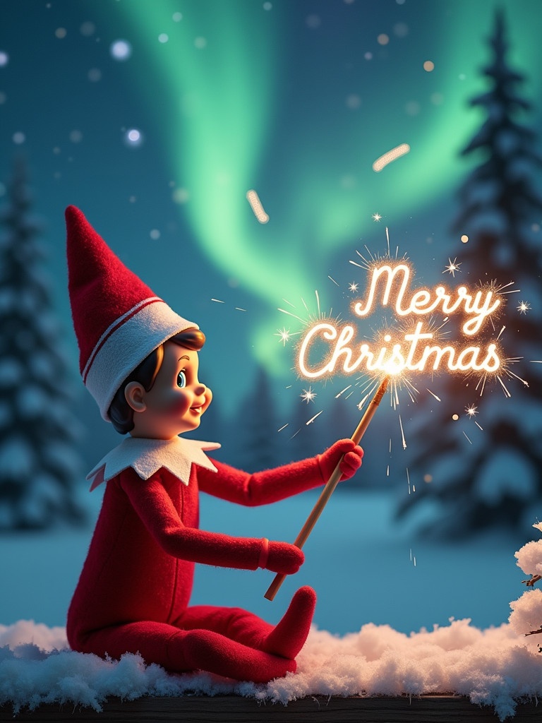 Enchanting Christmas scene displays an elf on the shelf. The elf wears a red and white outfit. The elf holds a magic wand and writes with a sparkler. The text in the sky reads 'Merry Christmas Milan, Rodrigo, Angellee and Delilah'. A background of vibrant northern lights adds magic. The scene captures festive cheer and holiday joy.