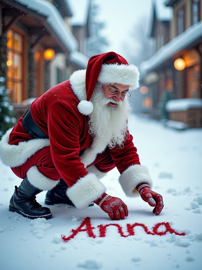 Santa Claus in red and white clothing writes the name Anna in the snow. The street is covered in snow with beautiful buildings. The scene is lit with soft winter light. It creates a cheerful holiday atmosphere.