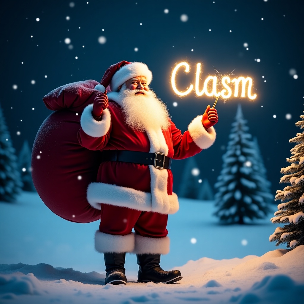 The image features a cheerful Santa Claus standing in a snowy landscape. He has a large red sack slung over his shoulder and is holding a sparkly wand. Santa is dressed in his traditional red and white outfit, complete with a belt and boots. Behind him, the night sky is illuminated with twinkling stars. Pine trees dot the snowy ground, encapsulating a festive winter atmosphere. This scene captures the essence of a classic Christmas, blending joy and magic.