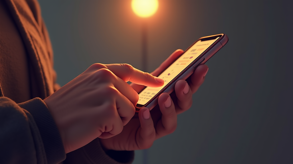 A person, partially visible, is using a smartphone with an illuminated screen in a dimly lit room with warm ambient lighting.