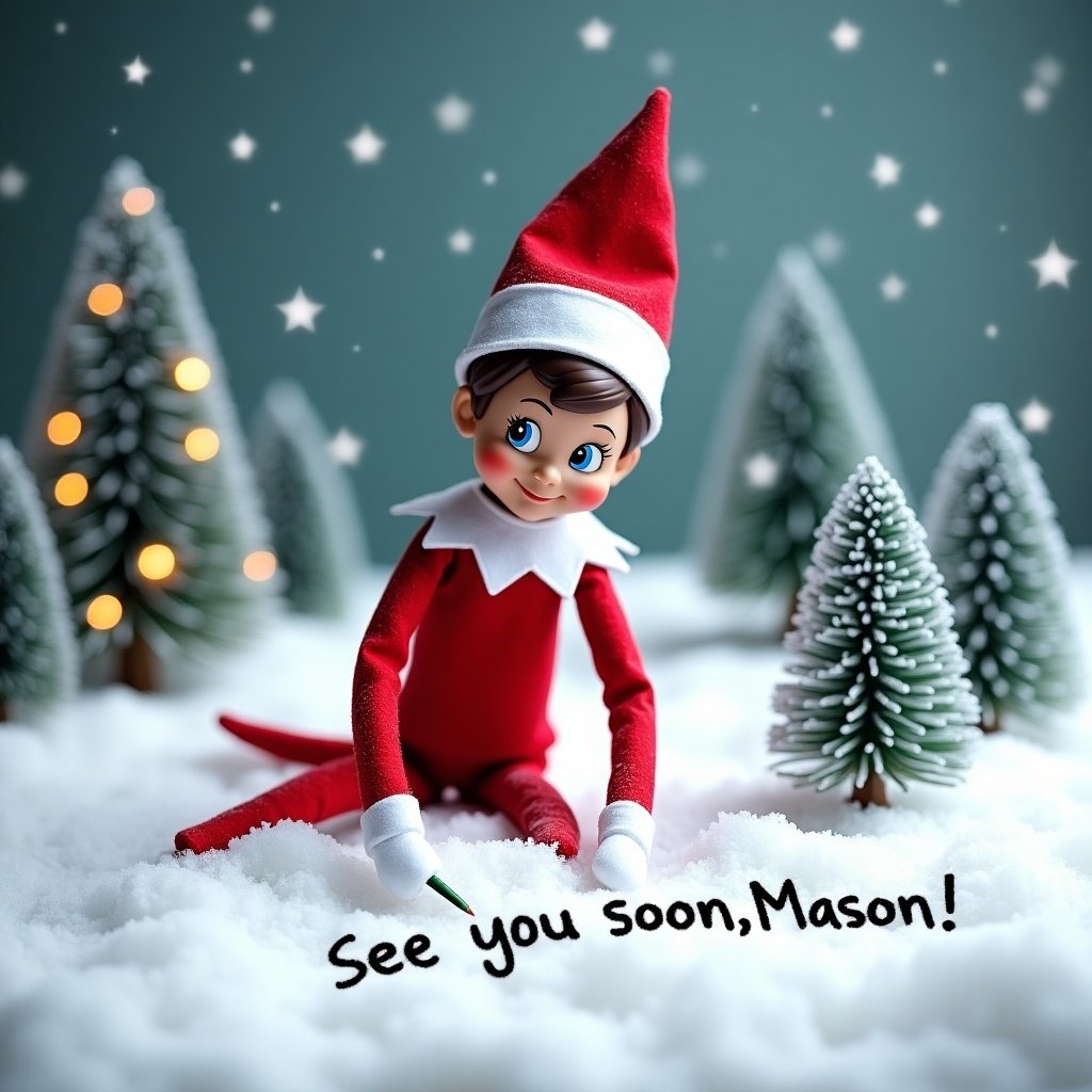 An Elf on the Shelf in a snowy landscape. The elf writes in the snow with a pencil. The message says 'See you soon, Mason!'. The elf is cheerful and focused. Features rosy cheeks, brown hair, and blue eyes. Background shows small evergreen trees lightly dusted with snow and twinkling lights. Snowflakes fall around, creating a magical winter atmosphere. The elf wears a classic red and white outfit, embodying Christmas spirit.