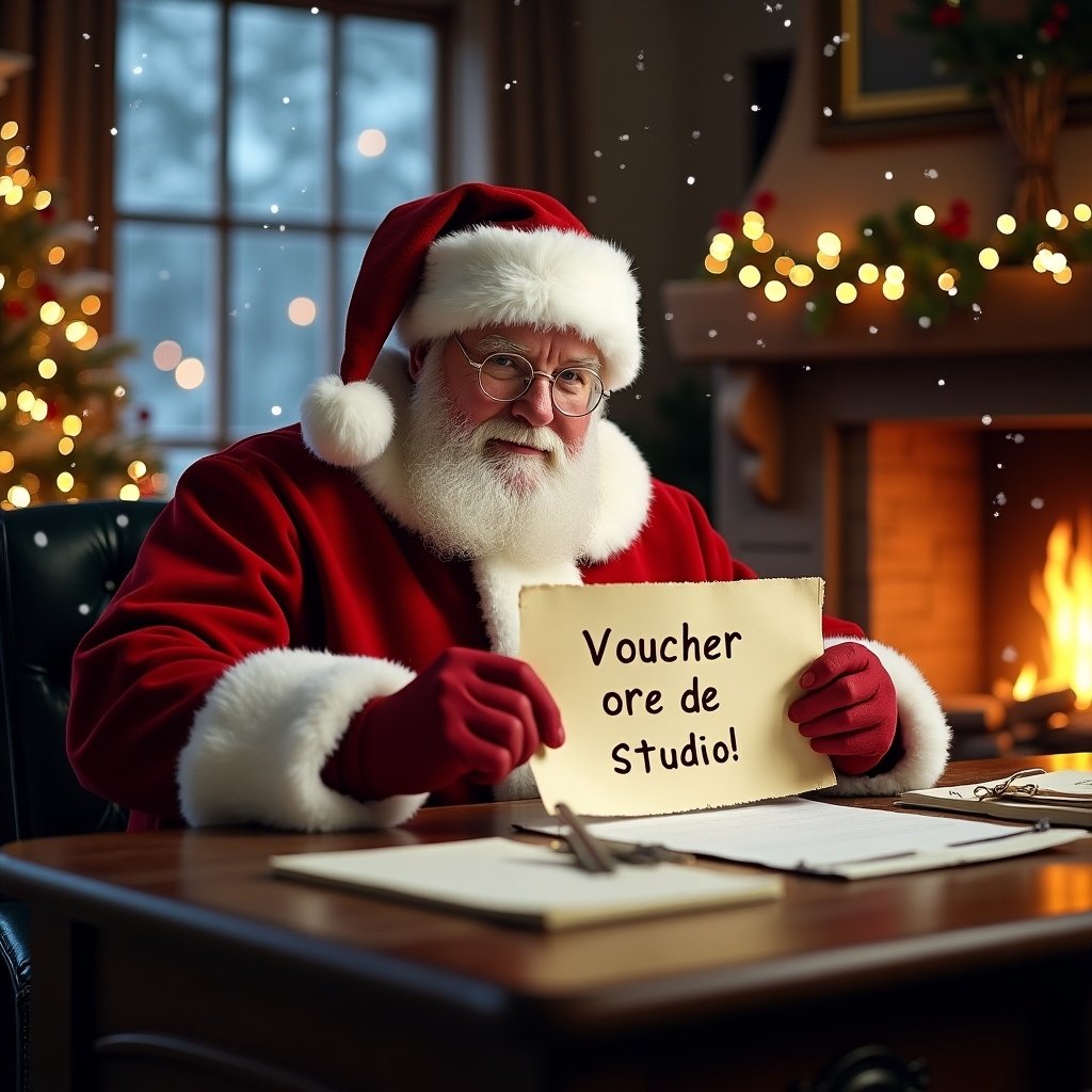 Santa Claus sitting at a wooden desk holding a note with the text Voucher ore de studio. He wears a red suit with white fur trim. A warm fireplace and Christmas decorations fill the background. Soft lighting and falling snow create a festive mood.