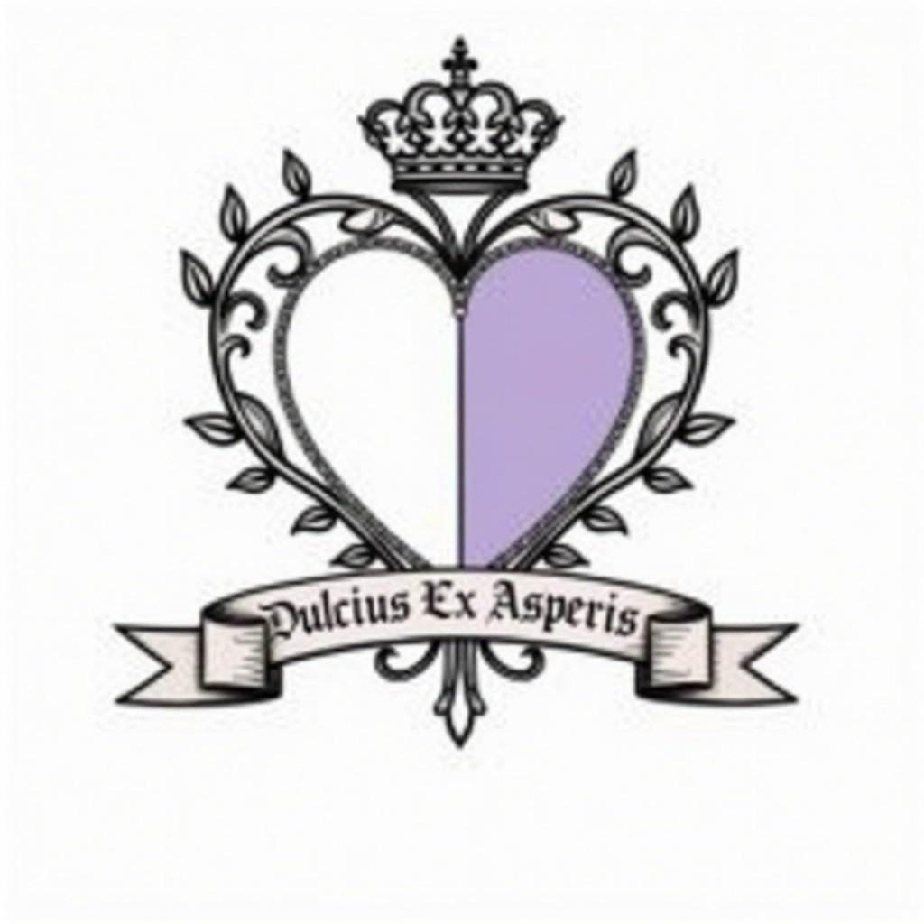 Heart-shaped shield design with quartered sections. Upper left and lower right are white charges. Upper right and lower left are pastel-purple charges. Surrounded by vines. Silver ducal coronet sits above. Ribbon below has motto Dulcius Ex Asperis.