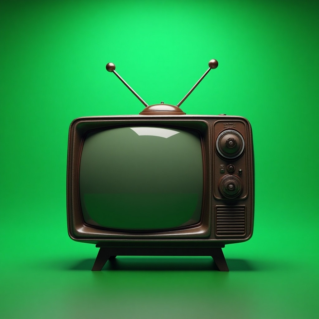 Retro television with antennas shaped like a UFO. Detailed 3D render. Green chromakey background. Highly realistic.