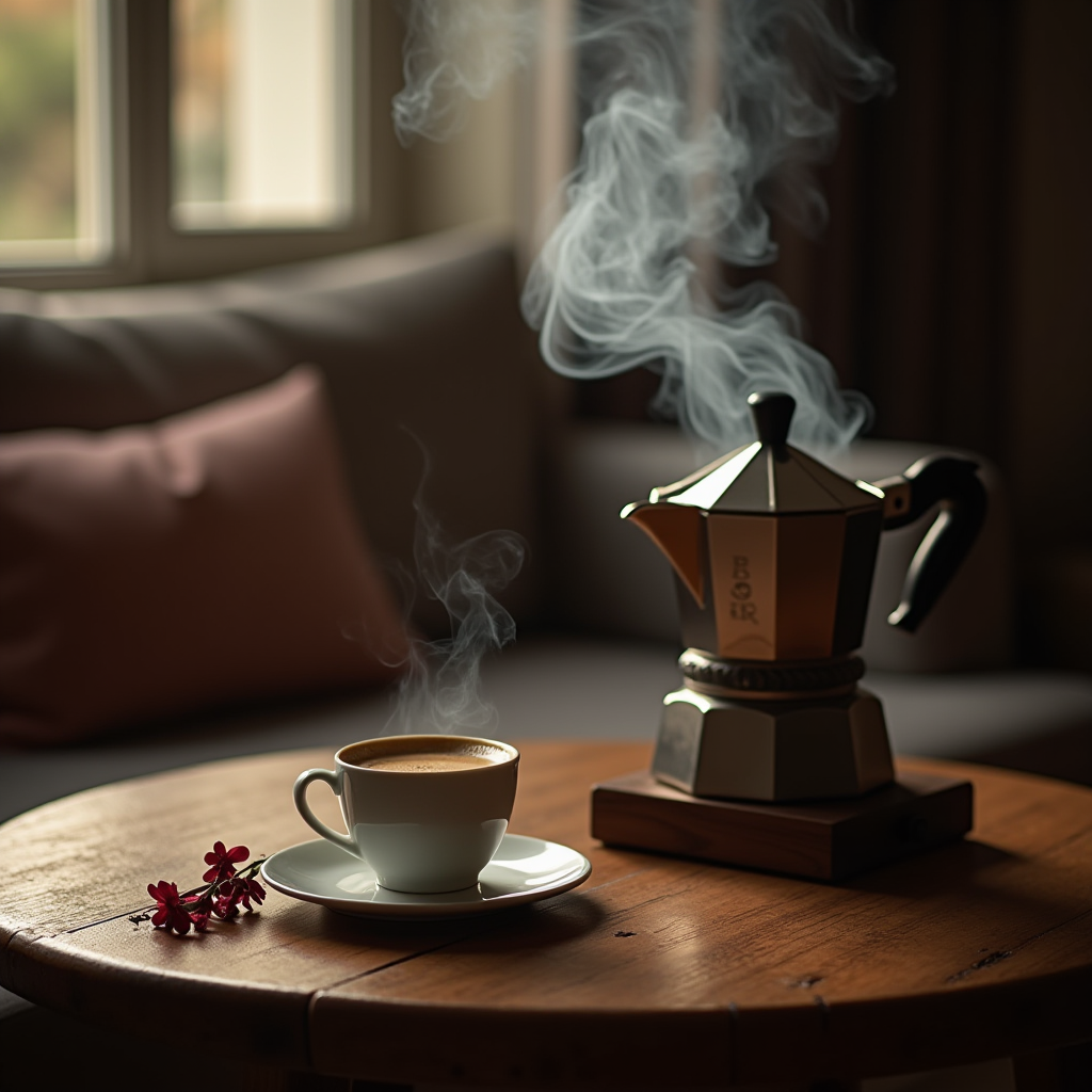 A steaming cup of coffee sits next to an elegant moka pot on a cozy wooden table.