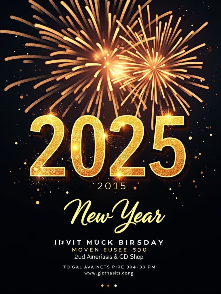 New Year party invitation design featuring fireworks. Focus on the year 2025 in gold text. Dark background creates a festive atmosphere. Event details included in the design.