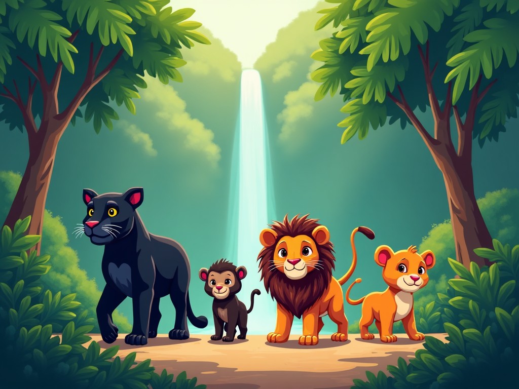 This image features a playful scene in a lush jungle. The foreground showcases a group of vibrant jungle animals. Among them are a black panther, a cheerful lion, and a playful little ape. A majestic waterfall cascades softly in the background, surrounded by greenery. The bright colors give a lively and inviting feeling to the overall composition.