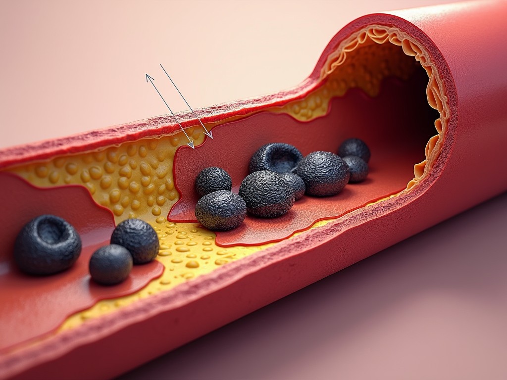 The image is a detailed and colorful 3D illustration showcasing a cross-section of an artery with visible cholesterol build-up. The artery walls are depicted in shades of red, yellow, and orange, illustrating layers of the tissue and fat deposits. The focus is on the dark, round shapes representing blood cells, emphasizing the narrowing of the artery due to plaque accumulation.