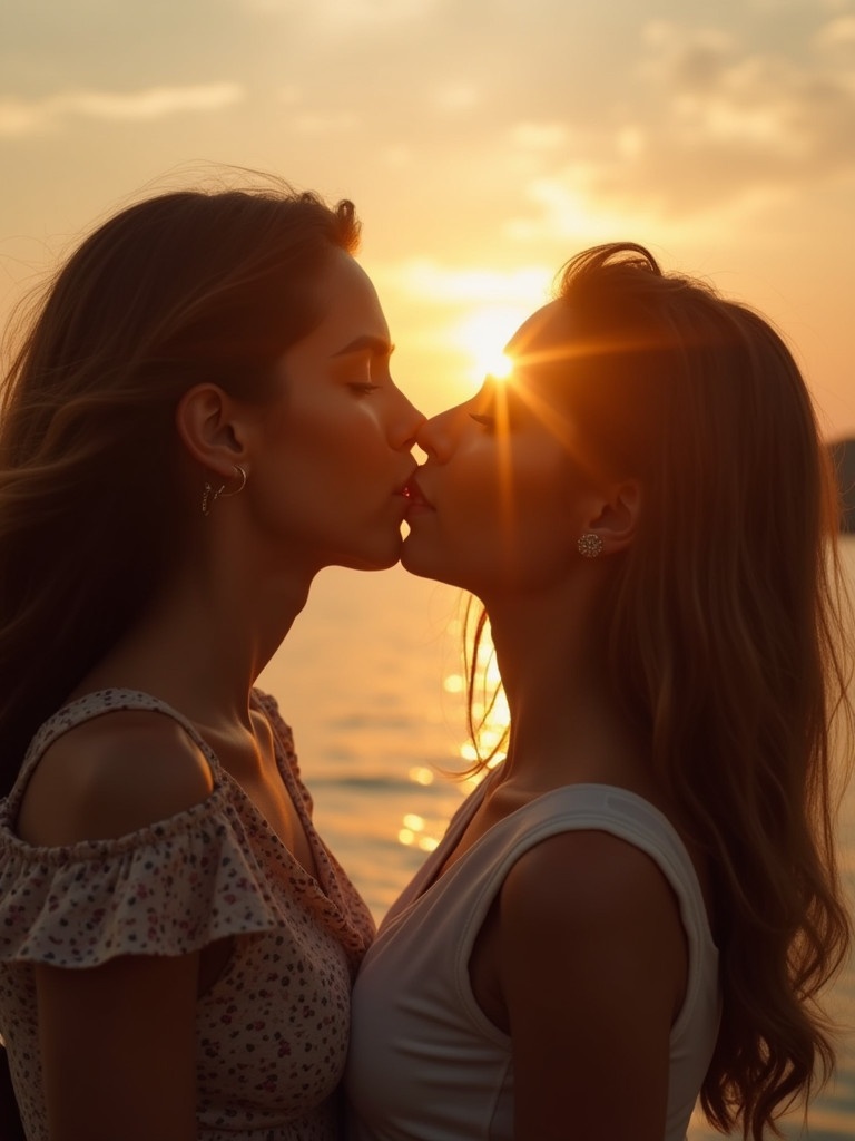 Two women gently kiss in a warm sunset. The sun is setting behind them, casting a soft glow. The scene is romantic and intimate. Their hair flows in the gentle breeze. The atmosphere is warm and peaceful.