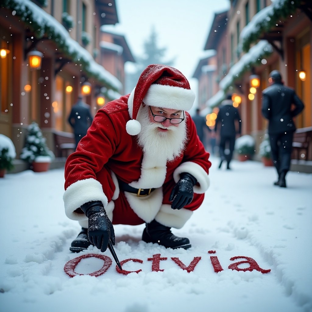 Santa Claus writes names in snow. He wears traditional red and white clothing. The street is snowy with charming buildings. Soft winter light creates a cheerful holiday atmosphere. Santa writes Octavia in the snow. He is in red and white attire with a black belt and boots. Snowy street surrounded by festive buildings. Inviting glow in the scene. Cheerful mood for holiday celebration.