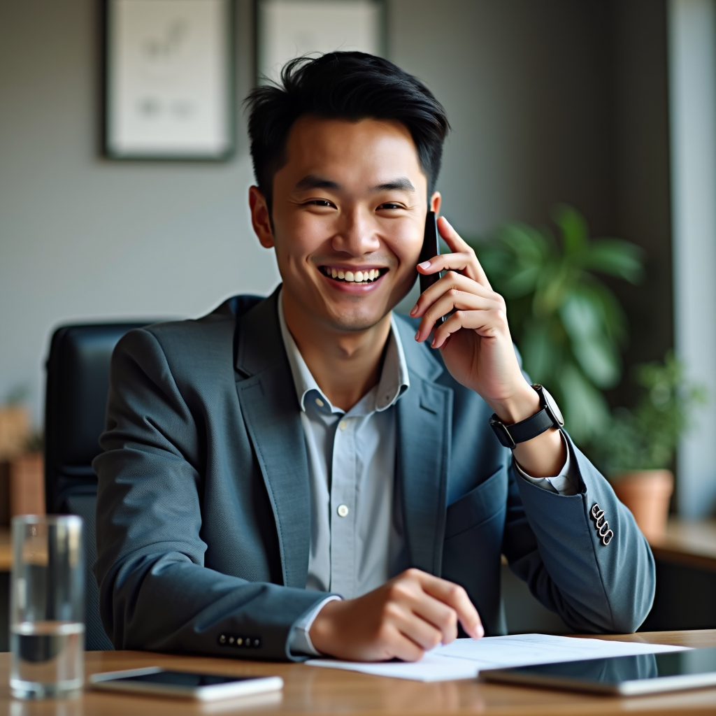 A man in a business suit smiles while talking on a smartphone at an office desk, with a laptop, notepad, and glass of water nearby, and plants in the background.