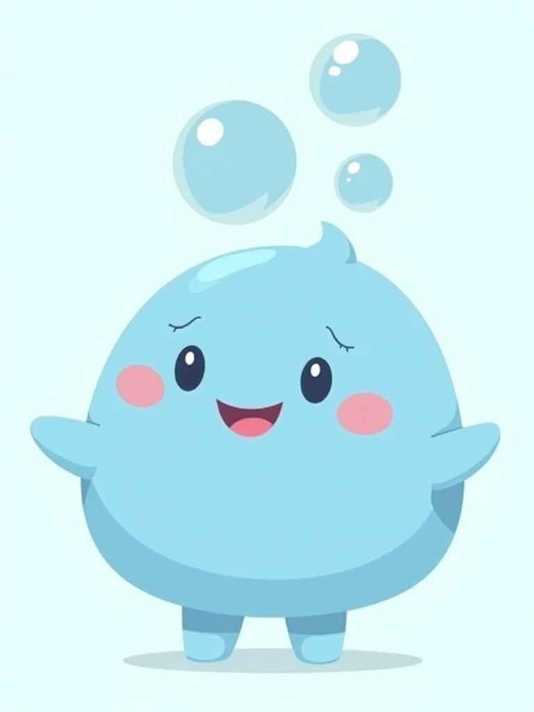 Image of a small round blue character with a big smile and rosy cheeks. Bubbles float above the character's head. The design has various shades of blue, making it engaging for a young audience.