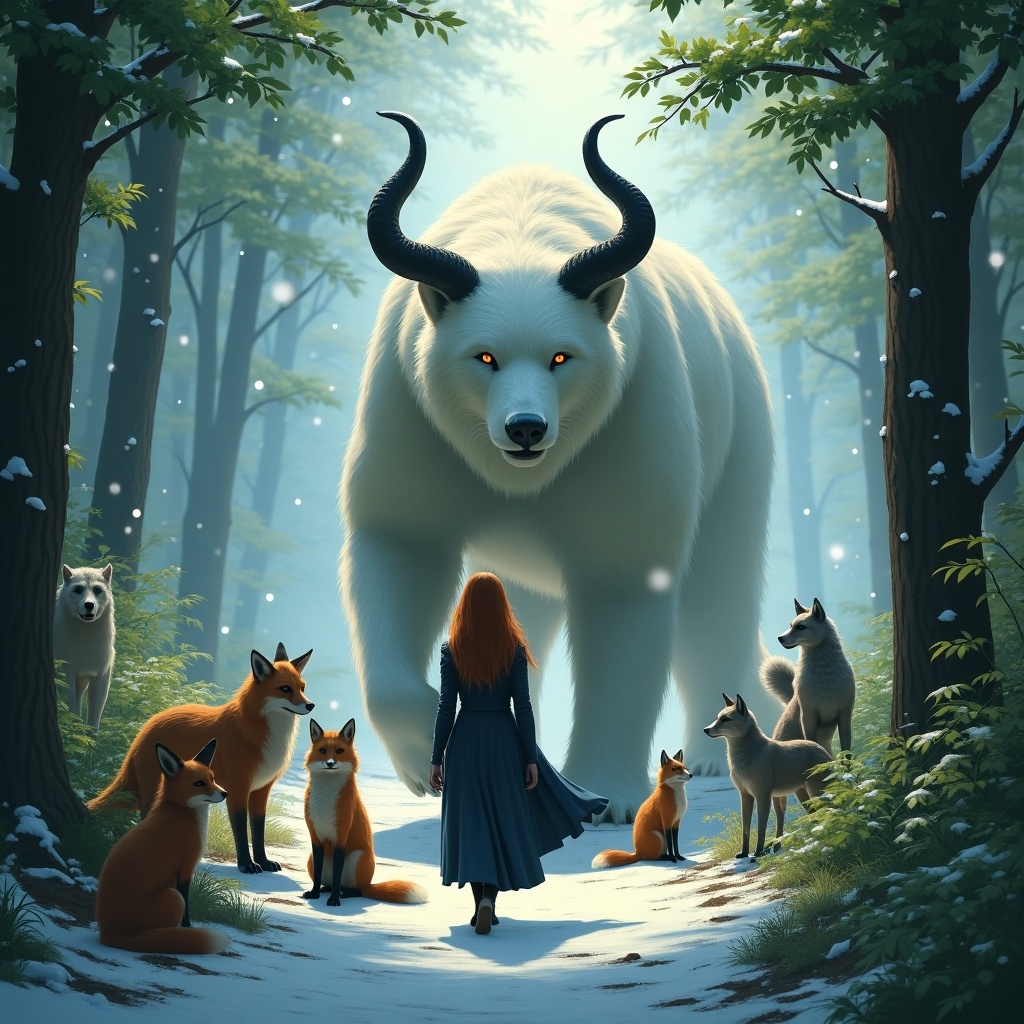 Scene in enchanted forest with mythical creatures gathering on a path. A superheroine walks towards a large white bear with horns. The setting is snowy with lush greenery and soft lighting. The scene conveys power and connection to magic. Textures in bear's fur and superheroine's costume are detailed.