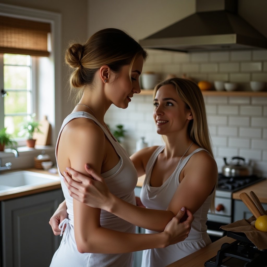 Two women in kitchen. One woman massages the other's arm. Soft lighting and warm colors create an inviting atmosphere.