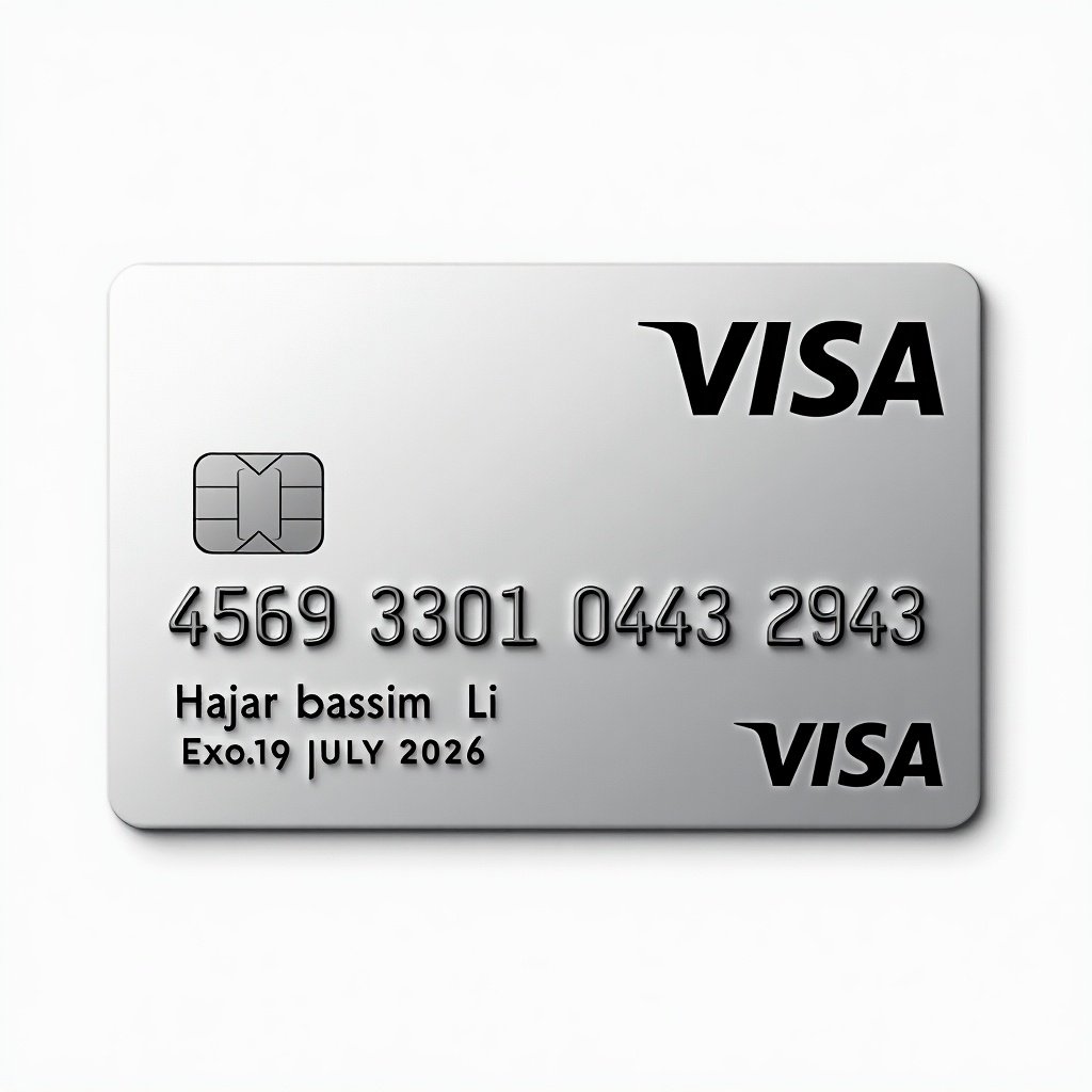 Realistic image of a credit card. The card shows the Visa logo prominently. Number 4569 3301 0431 2943 is clearly visible. Cardholder name is Hajar bassim Li. Expiry date is July 2026. Silver background and bold black font represent standard design for financial transactions.