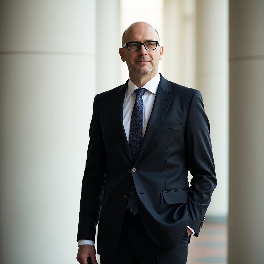 Professional man wearing a suit with a confident pose. Background includes clean architectural lines. Man exudes a sense of leadership and readiness.