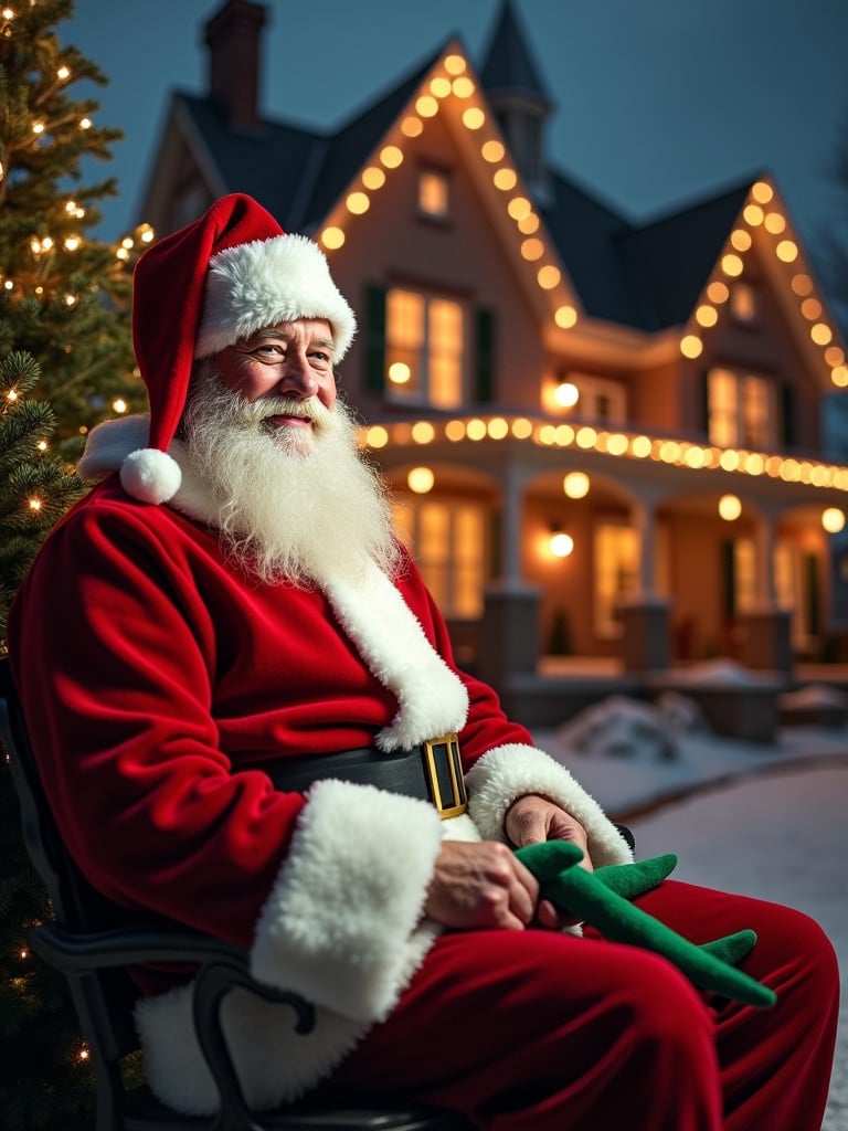 Santa Claus in a red suit sitting on a chair in front of a decorated house. Soft snow on the ground. Warm lighting illuminating the surroundings. Green elf toy in hand.