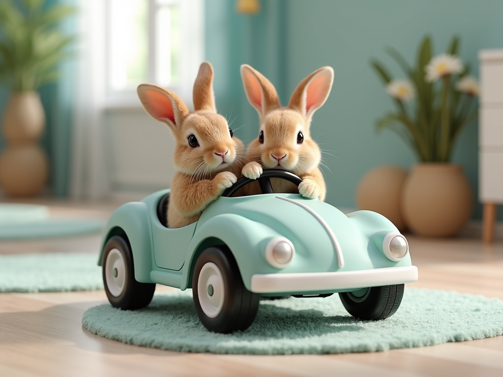 Two adorable bunnies sit in a miniature blue toy car inside a cozy room with plants and soft lighting.