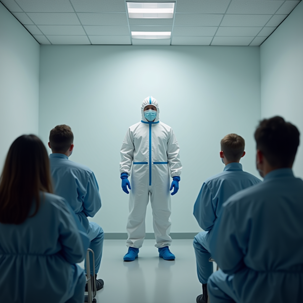 A person in full protective gear addresses a group in a sterile room.