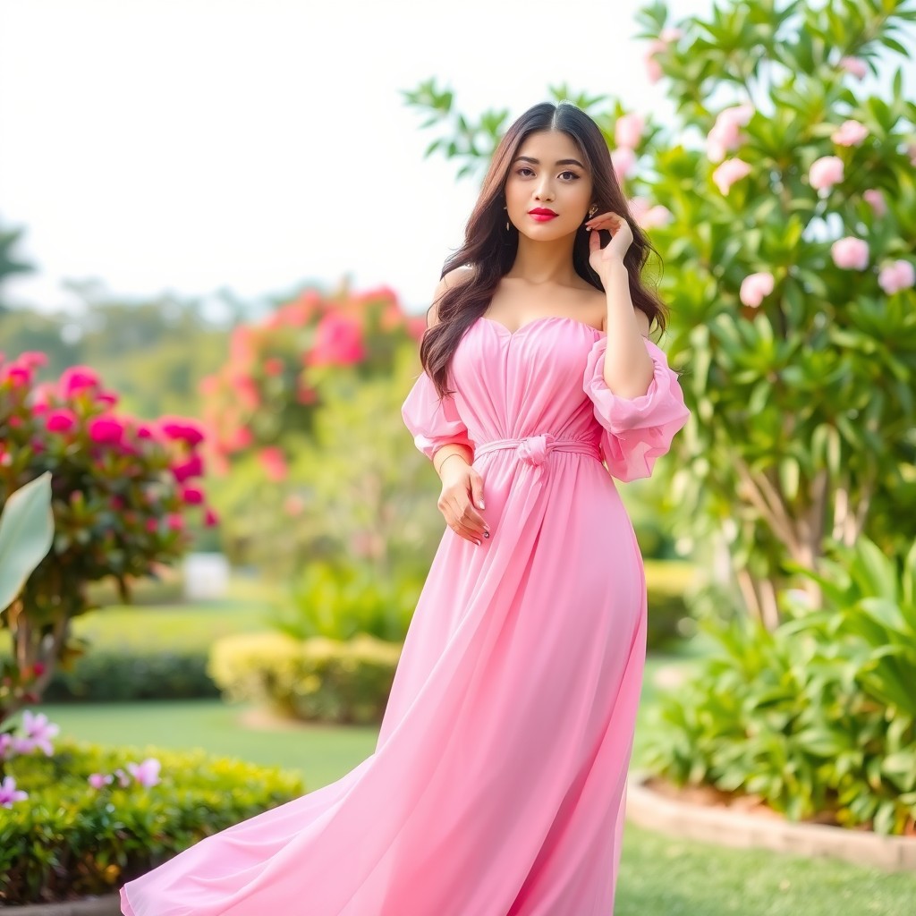 A woman in a flowing pink dress stands gracefully in a lush garden filled with vibrant flowers.