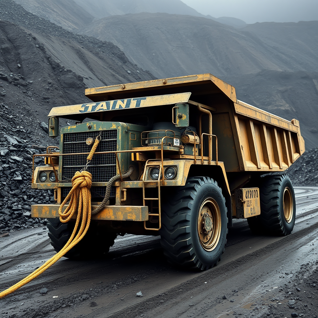 A large, weathered dump truck is parked on a rugged dirt path in a mountainous quarry.