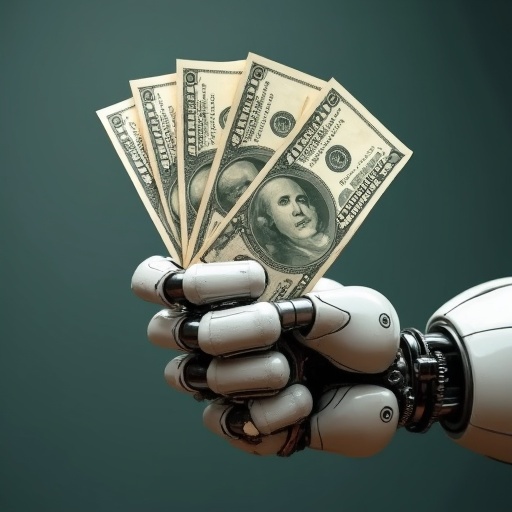 A robot hand holds several dollar bills. The image showcases a futuristic robot with a metallic arm. Dollar bills are clearly visible in the robotic grip. Convey the theme of technology and finance effectively.