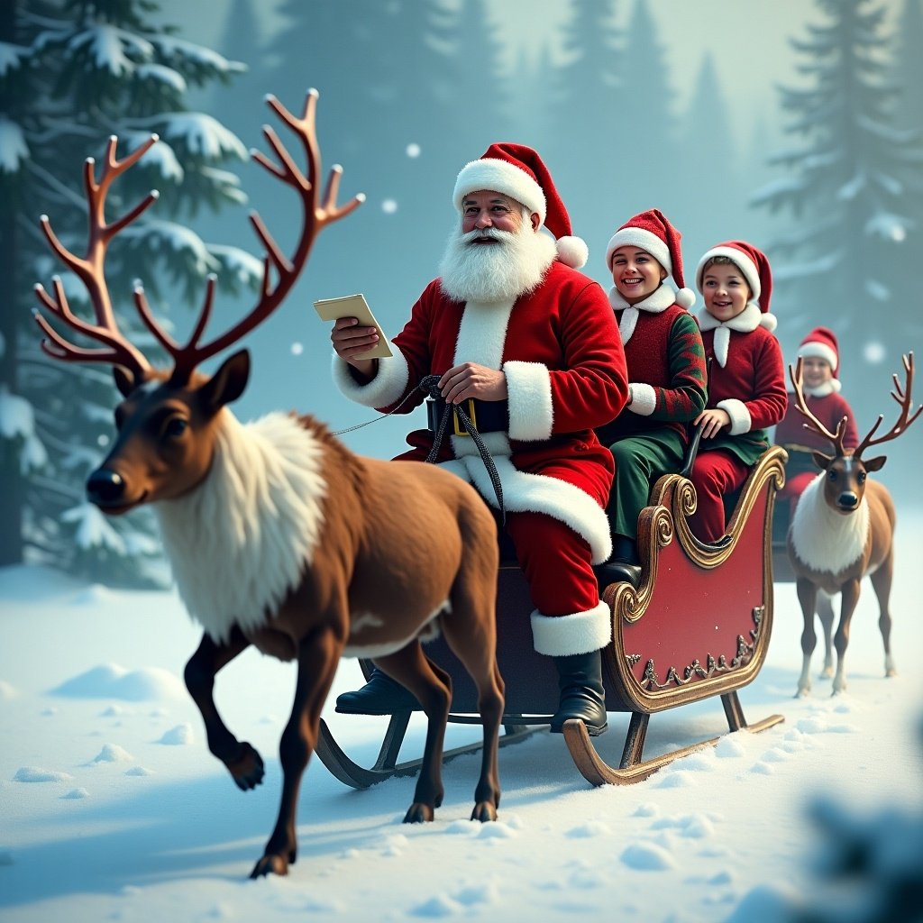 Realistic depiction of Santa Claus on a sleigh with a reindeer in a snowy landscape. Santa in a classic red suit is smiling warmly. Soft snowfall enhances the wintery atmosphere. Santa holds a list surrounded by elves.