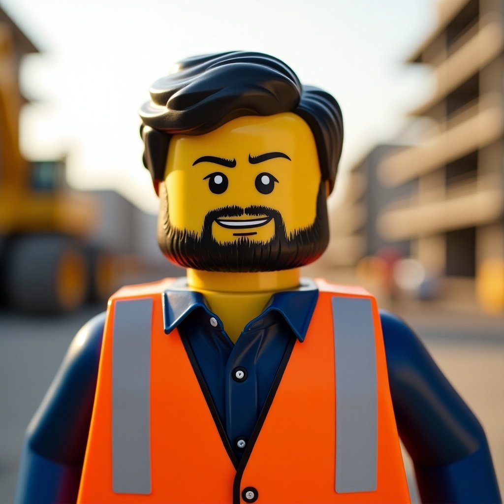 LEGO man with dark hair and beard in a hi-visibility vest standing in an outdoor setting.