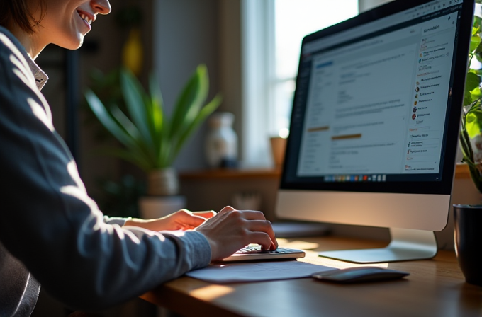 A person is working on a computer in a sunlit home office with plants and natural decor.