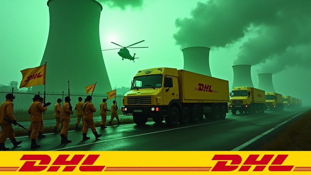 This image depicts a dramatic scene with several large yellow armored cars driving towards a fence, all adorned with the DHL logo. Nearby, soldiers in yellow uniforms march in unison with rifles, enhancing the military theme. One soldier holds a flag featuring the DHL logo, emphasizing the brand's presence. The backdrop includes prominent smokestacks of a nuclear power plant, casting a green glow over the scene. Above, a yellow Chinook helicopter adds to the intensity, making it a captivating and surreal depiction of corporate and military themes.