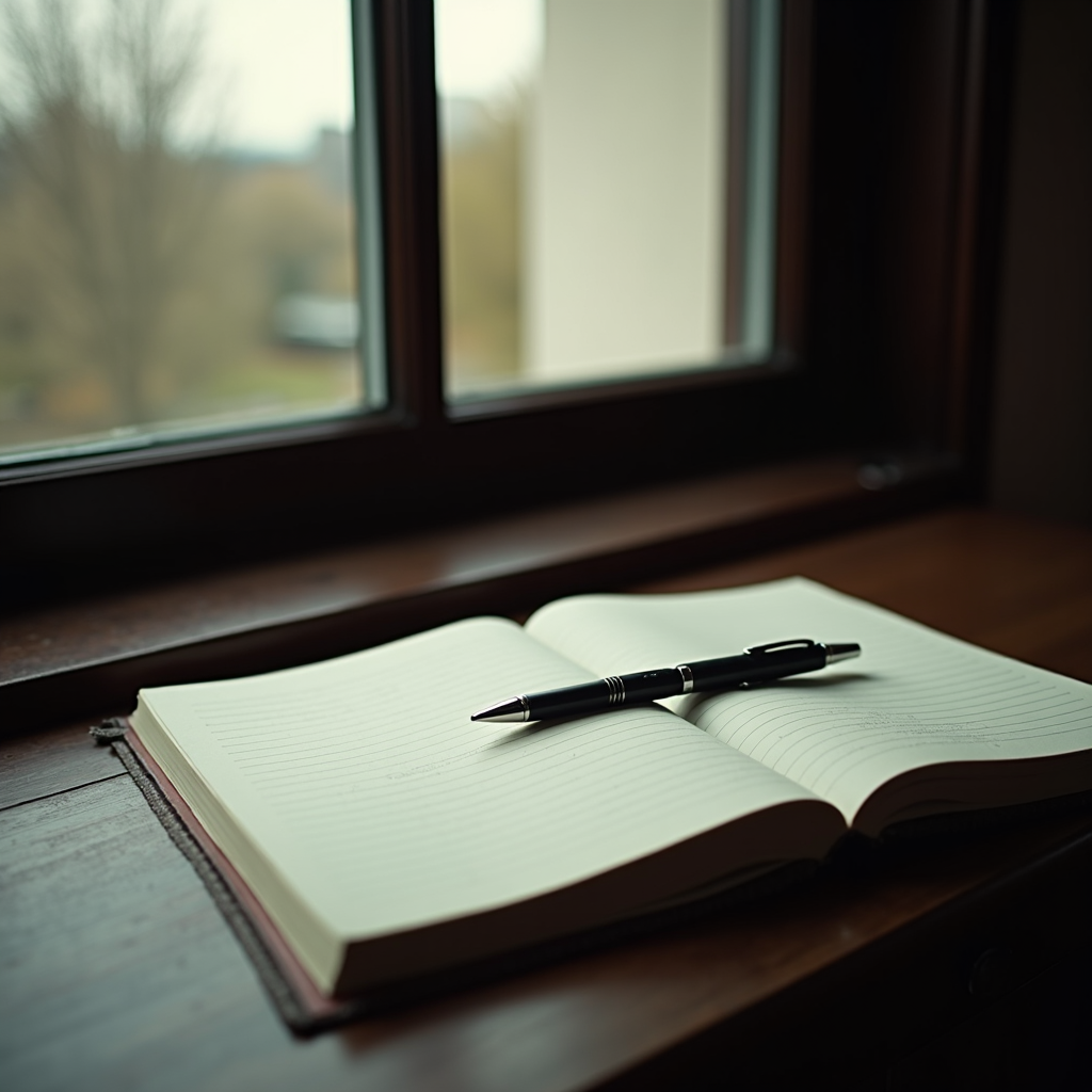 An open notebook with a pen lies on a wooden table by a window.