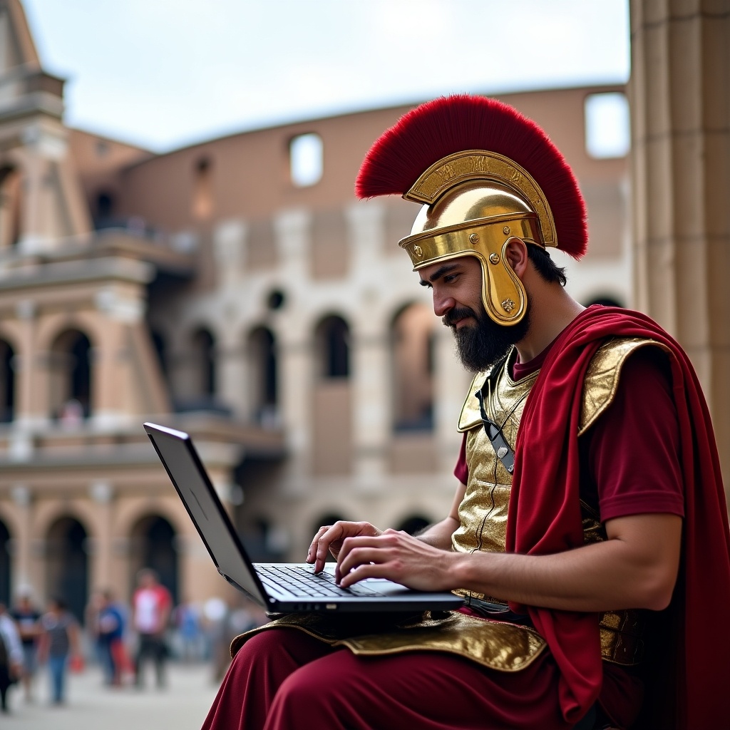 A Roman soldier in traditional attire uses laptops in front of the Colosseum.