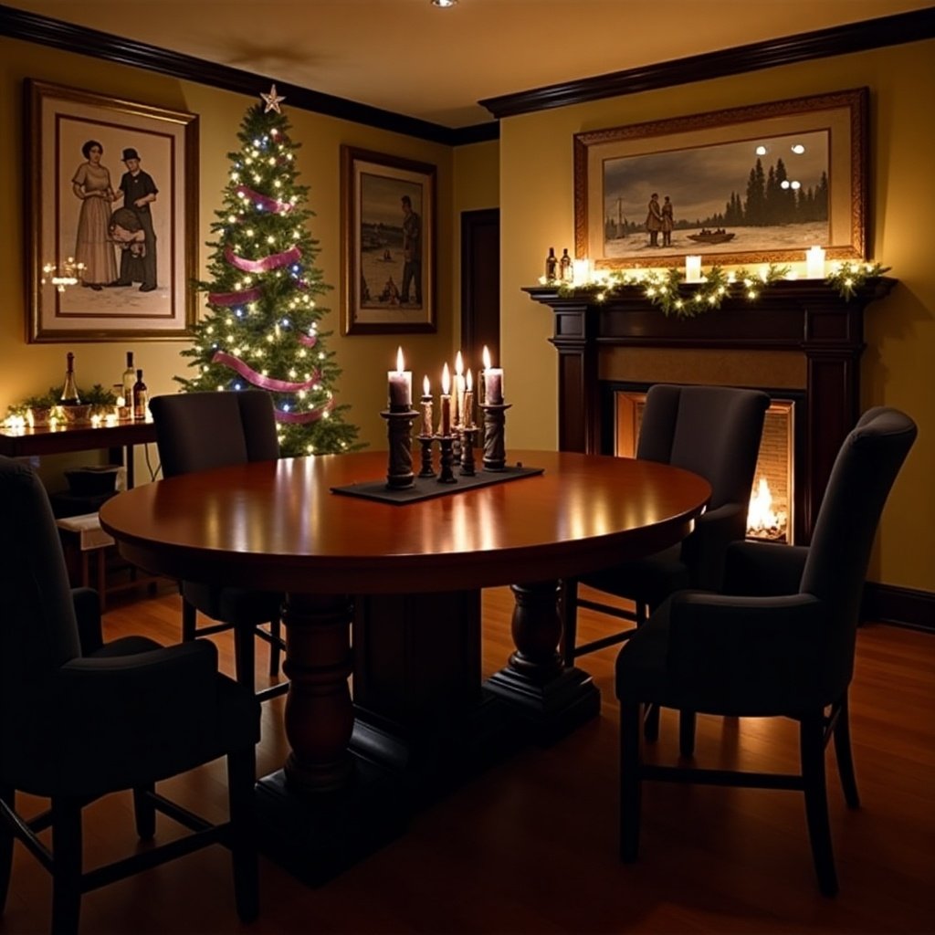 Cozy dining room decorated for Christmas with a tree. Circular table set with candles. Fireplace adds warmth. Paintings on walls. Dark comfortable chairs. Festive ambiance with decorations.