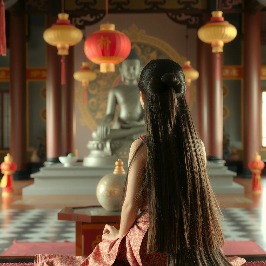 A young girl meditates in front of a Buddha statue in a richly decorated temple.