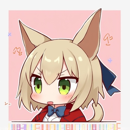 Character with blonde hair and green eyes. Character has ears and a tail. Character wears a bow tie. The expression shows annoyance or confusion. Background is light pink and simple. Cute and chibi style.