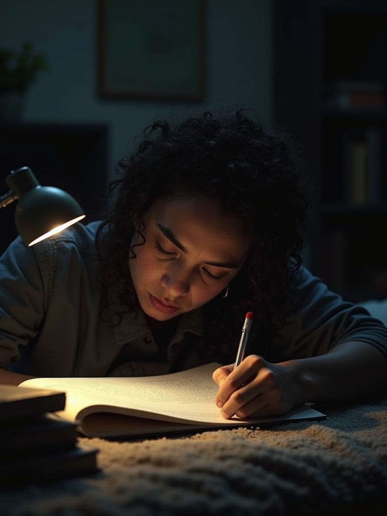 Writer immersed in work late at night. Desk illuminated by warm desk lamp. Hand holding pen writing in notebook. Background features shelves. Cozy study atmosphere.