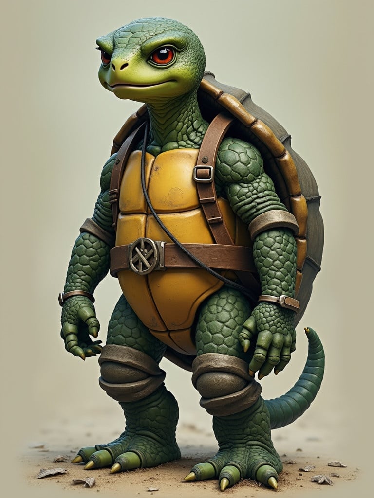 A character that merges features of a turtle and a girl. The character has a turtle shell on the back and a humanoid shape. The skin is scaly and green. The outfit includes yellow and brown elements. Muscular build with an assertive stance.