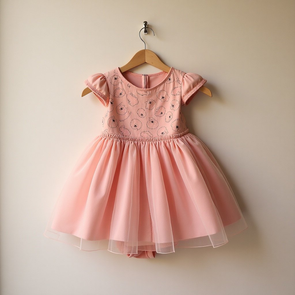 A pink dress with embellishments displayed on a wooden hanger. The skirt is made of tulle and features a fitted bodice. Soft natural light highlights the details of the dress against a neutral background.