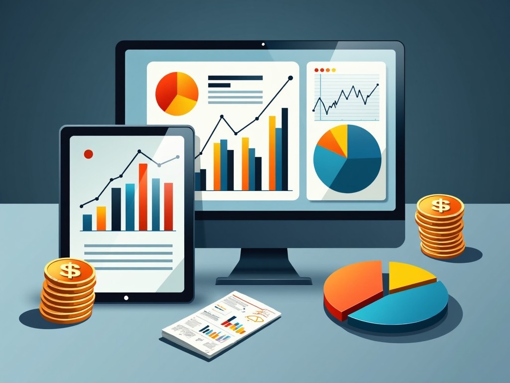 This image showcases a visual representation of an investment portfolio, featuring various financial instruments like stocks, cryptocurrencies, and mutual funds. The focus is on a computer and tablet displaying colorful graphs and analytical data. There are also stacks of coins next to the devices, symbolizing growth and investment returns. The overall design has a modern and professional aesthetic, suitable for financial presentations or educational content. The use of vibrant colors helps to highlight key metrics and trends in the financial market.