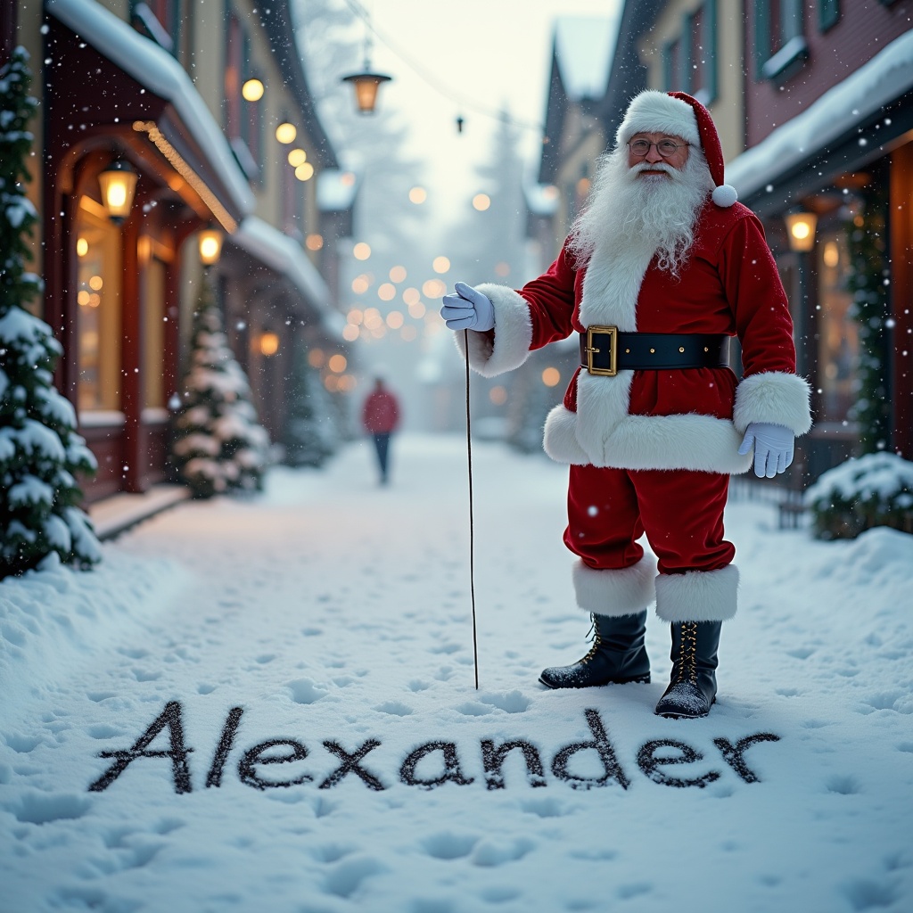 Santa Claus writes the name 'Alexander' in fresh snow. He wears traditional red and white attire with a black belt and boots. The street is snowy and framed by charming buildings. Soft winter light creates a warm glow. The scene is cheerful and festive, ideal for the holiday season.